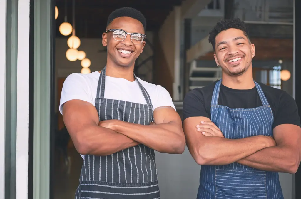 Two baristas smiling in front of their business