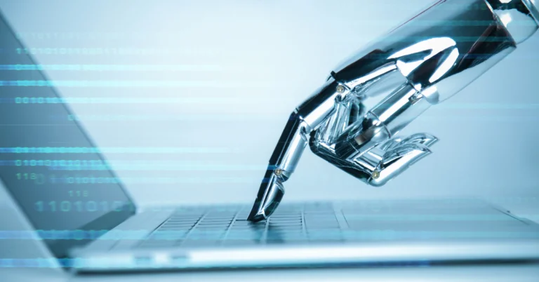 A robotic hand typing on a laptop keyboard with digital binary code overlay, illustrating automation and artificial intelligence in computing.