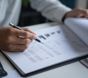 Hand holding a pen while reviewing a financial report with numbers printed on a sheet of paper