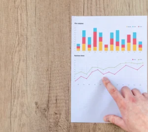 Person pointing at a printed line chart with sales and orders metrics, alongside a bar chart showing company performance.