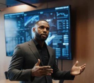 Confident professional presenting data analysis on a large digital screen during a business meeting, explaining market or performance trends.