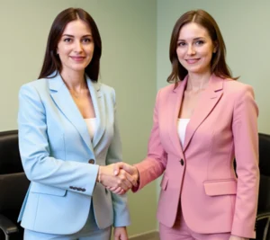 Two women in pastel business suits smile and shake hands in an office setting.