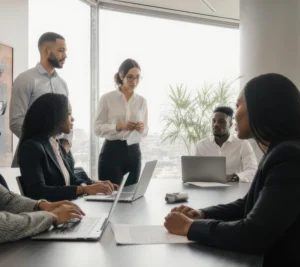 Multicultural team of professionals engaged in a business meeting with laptops and documents, discussing strategies in a modern office with large windows.