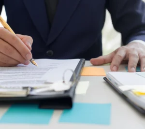 A person in a navy suit signs a document on a desk covered with papers, sticky notes, and a planner.