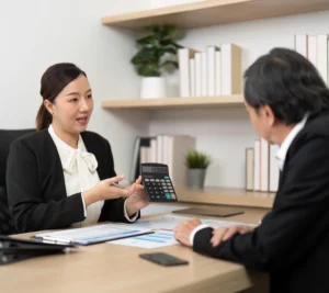 Professional woman explaining financial figures to a client while holding a calculator during a consultation in an office.