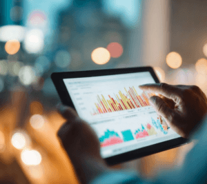 A person using a tablet to review colorful financial charts and analytics in a dimly lit setting.