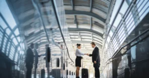 Two professionals shaking hands in a modern glass hallway, symbolizing a business agreement or partnership.