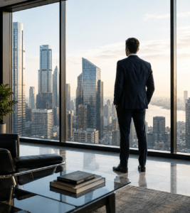 Business executive standing before floor-to-ceiling windows overlooking a city skyline, representing leadership, strategic vision, and long-term business planning.