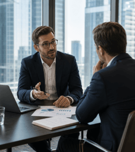 Financial advisor discussing business performance and investment strategies with a client using charts and reports in a professional office setting.