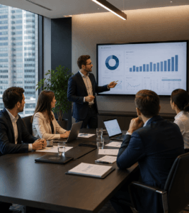 Business executive presenting financial charts and performance metrics to a leadership team during a corporate strategy meeting in a modern conference room.