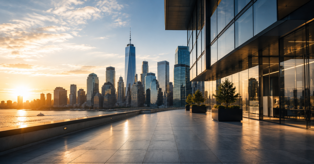 Modern corporate terrace overlooking the Manhattan skyline and One World Trade Center at sunset, representing business opportunity and growth.