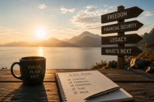 Exit planning workspace at sunset featuring an exit plan checklist, business valuation books, compass, and coastal road symbolizing preparation and long-term strategy.
