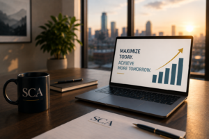 SCA-branded business workspace with a laptop displaying an upward growth chart and the message “Maximize Today. Achieve More Tomorrow.”