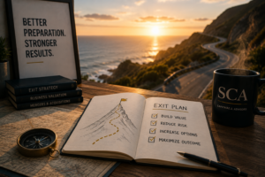 Exit planning notebook overlooking a mountain landscape at sunset, with signs pointing toward freedom, financial security, legacy, and what comes next.