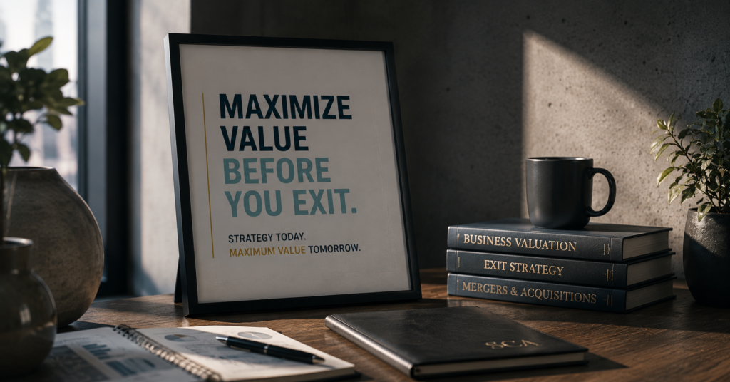Professional office display featuring the message “Maximize Value Before You Exit” alongside books on business valuation, exit strategy, and mergers and acquisitions.