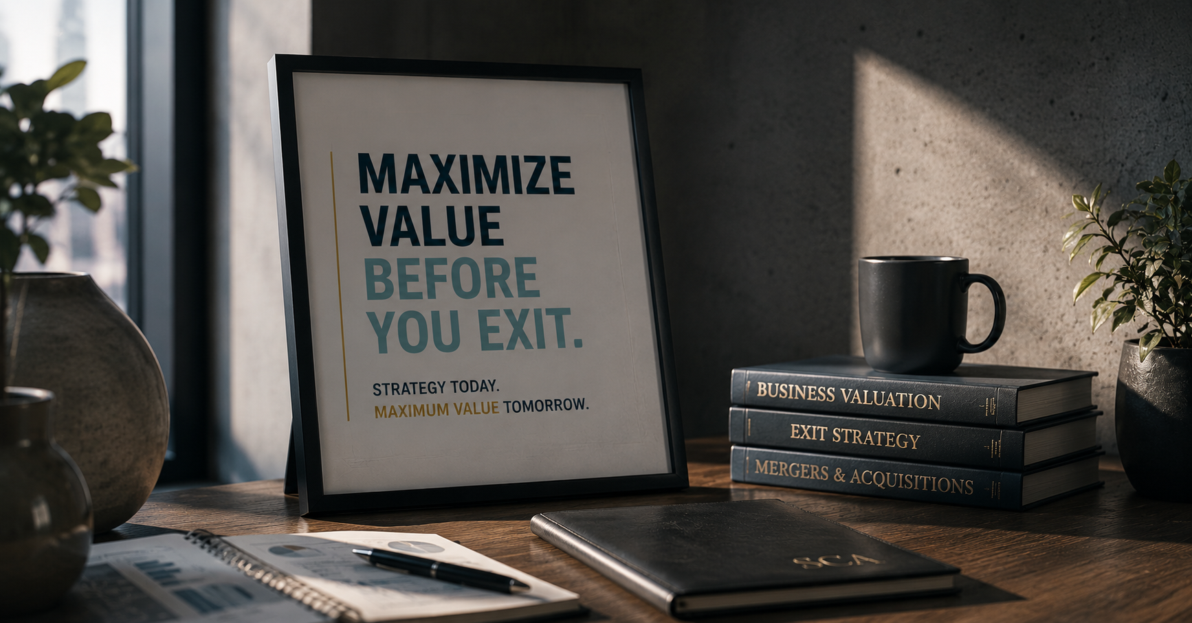 Professional office display featuring the message “Maximize Value Before You Exit” alongside books on business valuation, exit strategy, and mergers and acquisitions.
