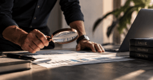Business professional using a magnifying glass to examine financial reports and performance charts, representing detailed analysis of value, strategy, and growth.