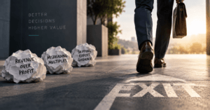 Business professional walking toward an exit path while leaving behind common valuation mistakes labeled “Revenue Over Profit,” “Misreading Multiples,” and “Skipping Expert Guidance.”
