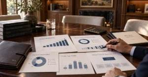 RIA valuation review on a conference table with reports on adjusted EBITDA, recurring fee-based revenue, client concentration, client demographics, and advisor succession planning.
