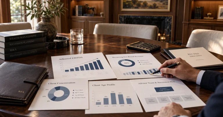 RIA valuation review on a conference table with reports on adjusted EBITDA, recurring fee-based revenue, client concentration, client demographics, and advisor succession planning.