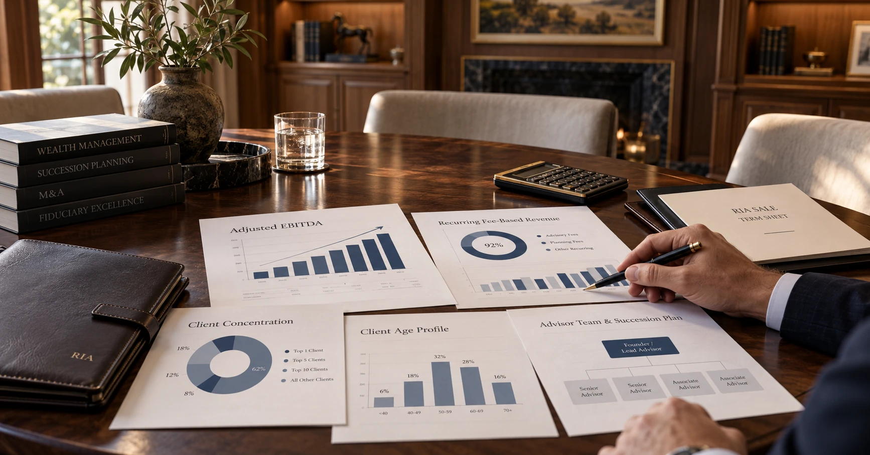 RIA valuation review on a conference table with reports on adjusted EBITDA, recurring fee-based revenue, client concentration, client demographics, and advisor succession planning.