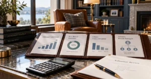 RIA valuation materials displaying adjusted EBITDA, recurring fee-based revenue, client concentration, and advisor bench strength alongside a valuation review document.