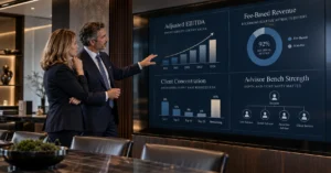 Wealth management professionals reviewing an RIA valuation dashboard showing adjusted EBITDA growth, recurring fee-based revenue, client concentration, and advisor bench strength.