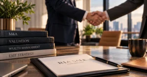 Two business professionals shaking hands after an RIA sale, with documents and books on M&A, valuation, wealth management, and exit strategy in the foreground.