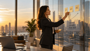 Businesswoman organizing October, November, and December priorities on a glass board, preparing a Q4 strategy to finish 2026 strong.