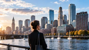 Business professional overlooking Boston’s waterfront and skyline, highlighting the city's commercial landscape and opportunities for local small businesses.