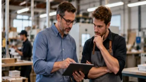 Business advisor and entrepreneur reviewing information on a tablet inside a production facility, discussing operations and potential growth opportunities.