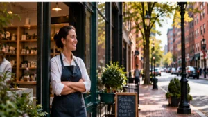 Smiling small business owner standing outside her neighborhood retail store on a tree-lined urban street, representing local entrepreneurship.