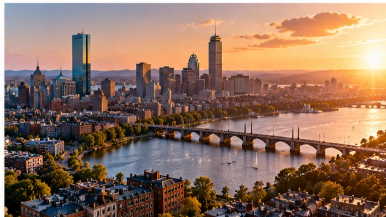 Aerial view of Boston’s skyline and Charles River at sunset, showing the city's commercial buildings, bridges, and surrounding neighborhoods.