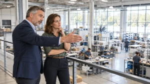 Business advisor and company executive discussing operational strategy while overlooking a manufacturing facility, highlighting the role of strategic advisory in long-term growth.