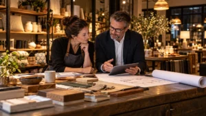 Small business owner consulting with an experienced advisor inside a retail store, reviewing business decisions and exploring opportunities for sustainable growth.