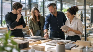 Business team collaborating on product development and expansion plans in a modern design studio, reflecting strategic decision-making and long-term business growth.