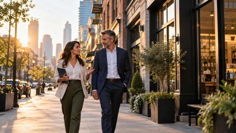 Business professionals discussing future opportunities in an urban setting at sunset, representing strategic partnerships, long-term planning, and sustainable business growth.
