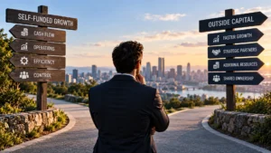 Business owner reviewing investment priorities, funding needs, and expected growth in a modern industrial facility before deciding whether to raise outside capital.