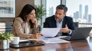 Financial advisor and business executive reviewing financial reports to evaluate cash flow and determine whether outside capital is necessary.