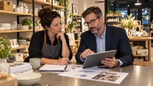 Small business owner consulting with a financial advisor inside her retail store to review financing options and make informed business growth decisions.