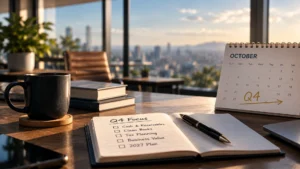 Professional workspace featuring an October calendar and Q4 financial checklist focused on cash flow, tax planning, and year-end business preparation.
