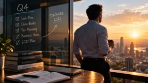 Professional overlooking a city from a mountain summit at sunrise, symbolizing Q4 business planning, year-end goals, and a stronger start to 2027.
