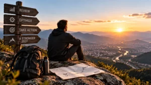 Business owner reviewing Q4 priorities and planning for 2027 while overlooking a city skyline at sunset, reflecting strategic year-end decision-making.